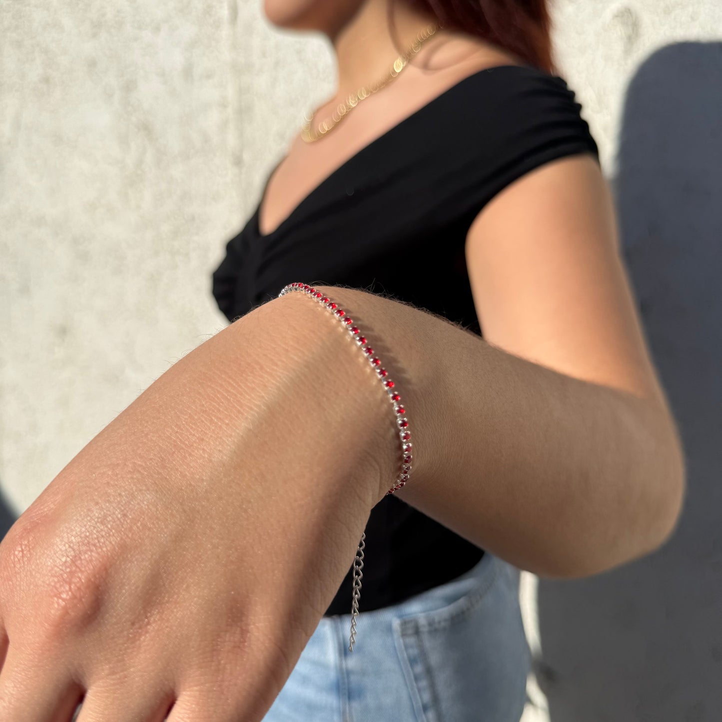 Pulsera Tennis con Circones Rojos 2mm – Silver Ice 04