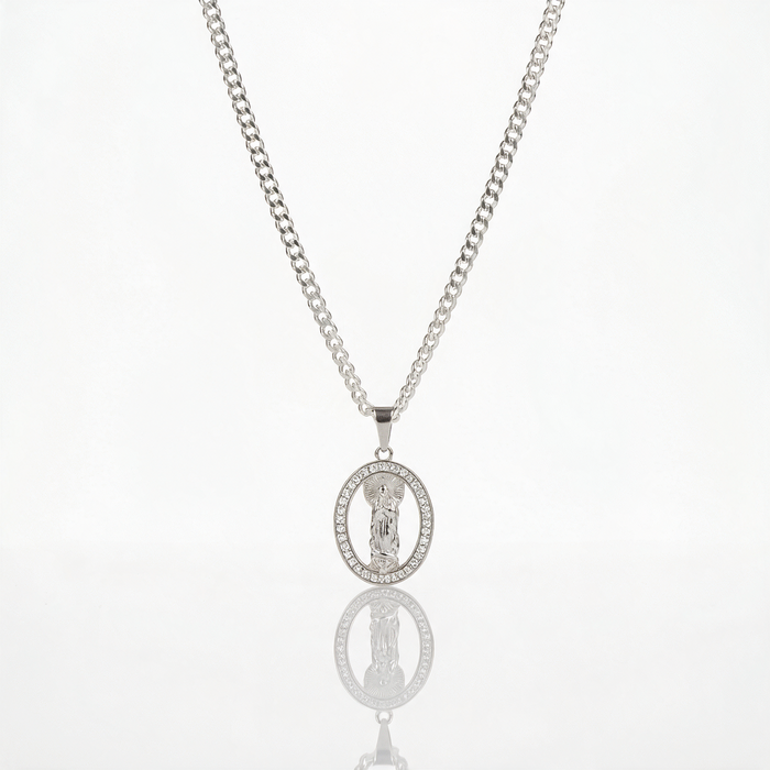 Collar Medalla Virgen Brillante Plata 925: medalla ovalada de la Virgen con circones