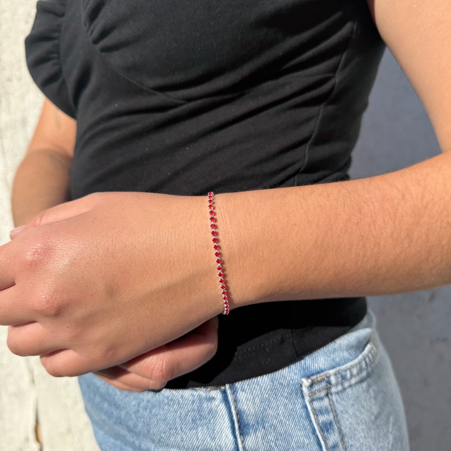 Pulsera Tennis con Circones Rojos 2mm – Silver Ice 03