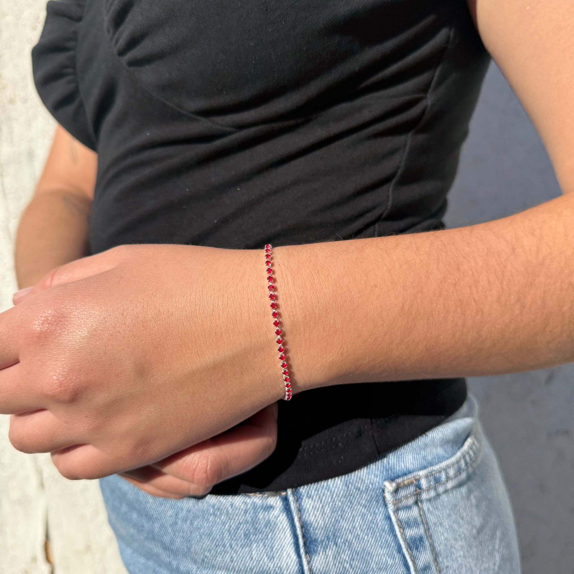 Pulsera Tennis con Circones Rojos 2mm – Silver Ice 03