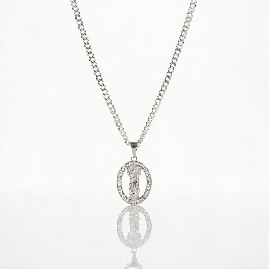 Collar Medalla Virgen Brillante Plata 925: medalla ovalada de la Virgen con circones