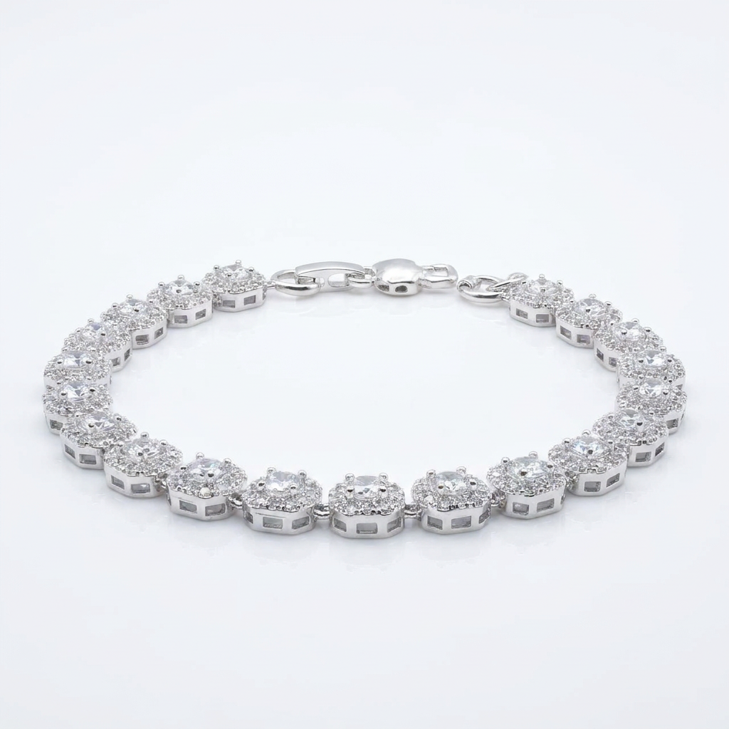 Pulsera Tennis Halo Plata 925 - 5mm: pulsera tennis de circones en racimos con halo, otro ángulo