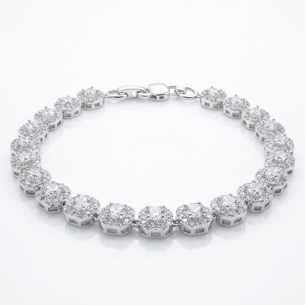 Pulsera Tennis Halo Plata 925 - 5mm: pulsera tennis de circones en racimos con halo, otro ángulo