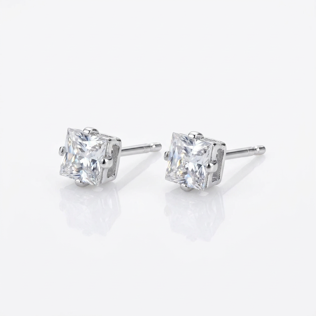 Aros Solitario Cuadrado - Plata 925: aros con circón cuadrado solitario, otro ángulo