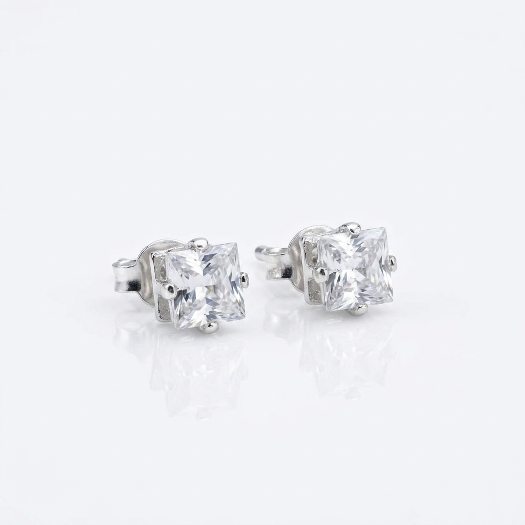 Aros Solitario Cuadrado - Plata 925: aros con circón cuadrado solitario, otro ángulo