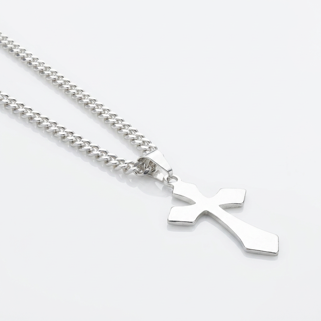 Collar Cruz Clásica Plata 925 - 4mm: cruz lisa pulida en cadena grumet, otro ángulo