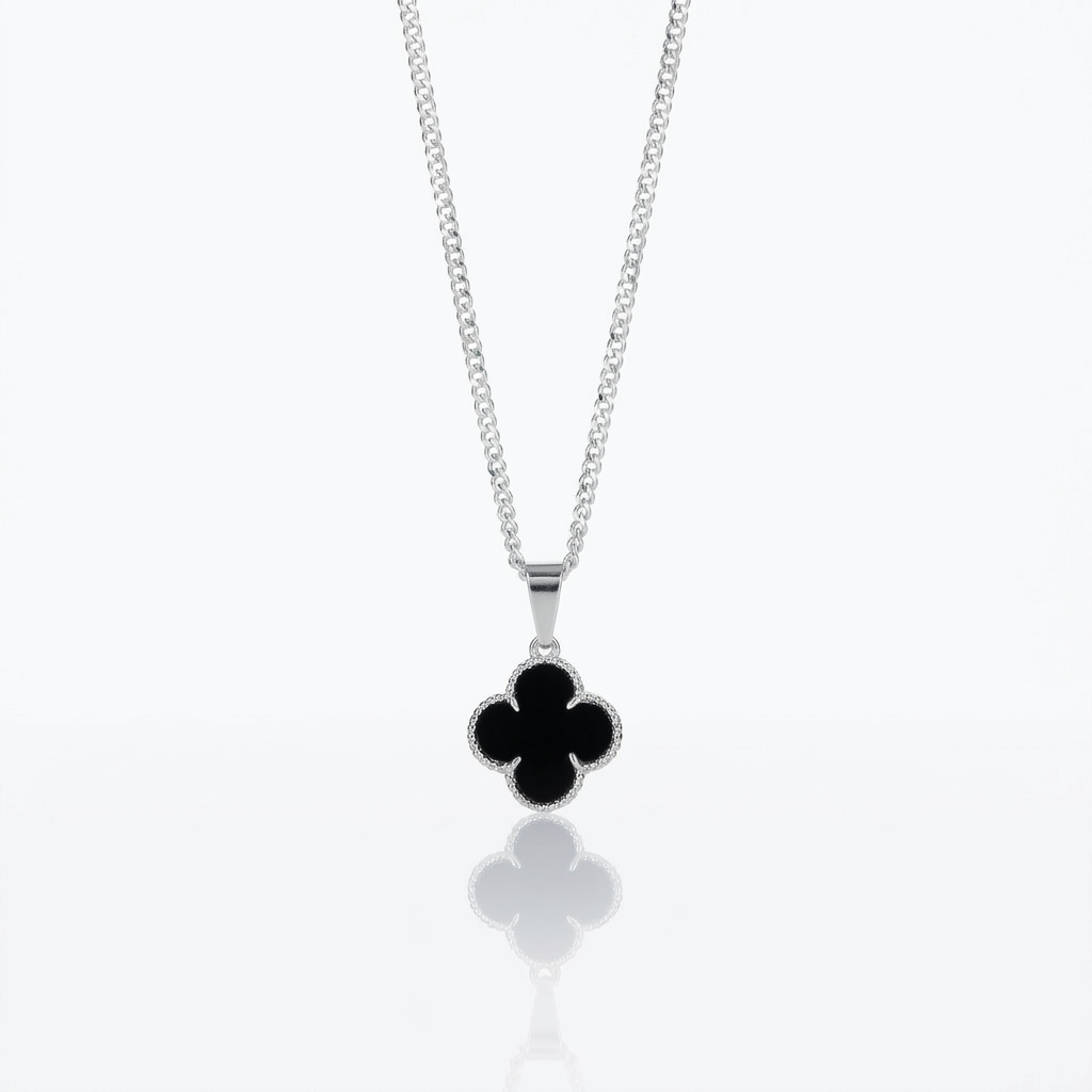 Collar Van Cleef Noir Plata 925: trébol negro con borde de circones