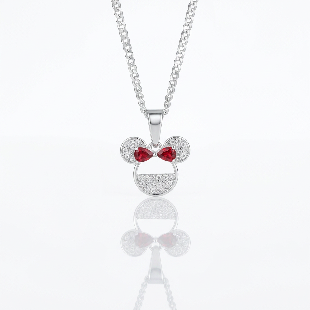Collar Minnie Lazo Rojo Plata 925: dije de Minnie de circones con lazo rojo, otro ángulo