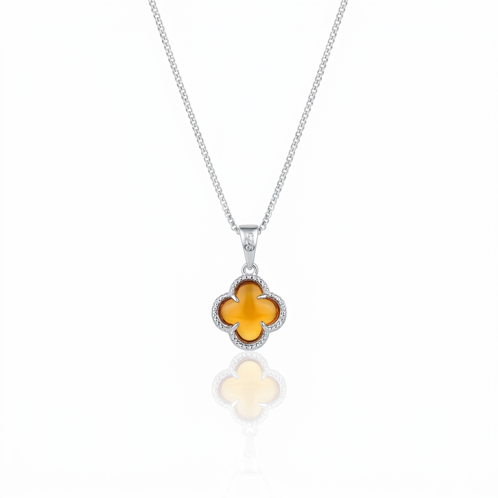 Collar Van Cleef Ámbar Plata 925: trébol color ámbar con borde de circones