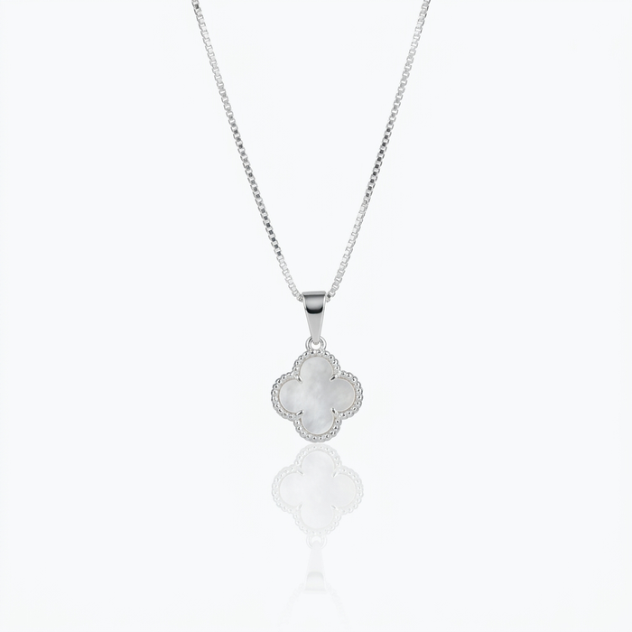 Collar Van Cleef Blanco Clásico Plata 925: trébol blanco perlado con borde de bolitas
