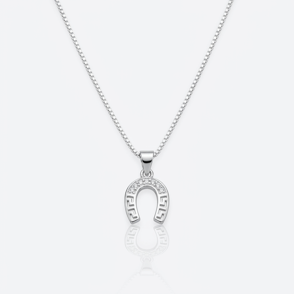 Collar Herradura Griega Plata 925: herradura con diseño griego y micro circones, otro ángulo