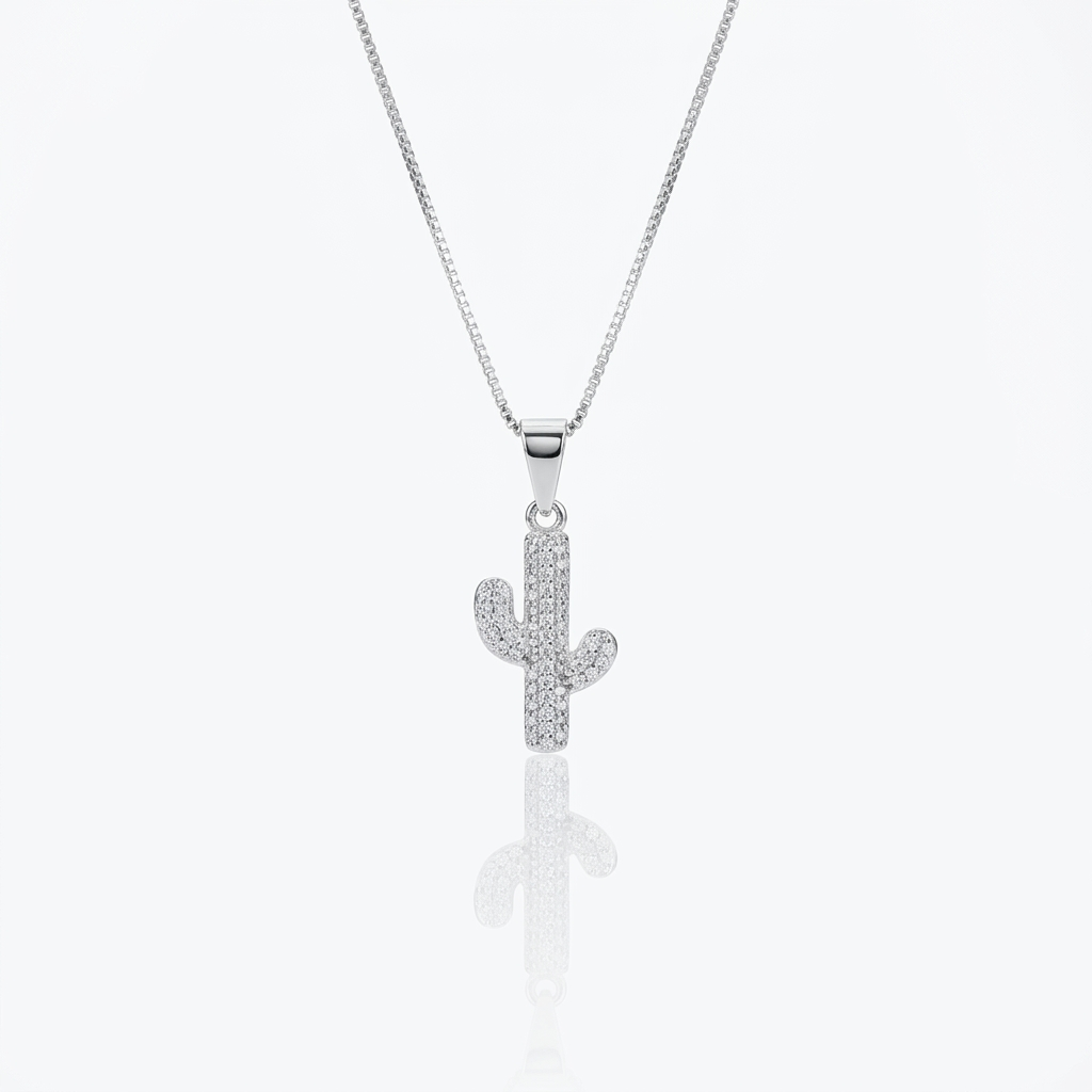 Collar Cactus con circones Plata 925: dije de cactus cubierto de circones