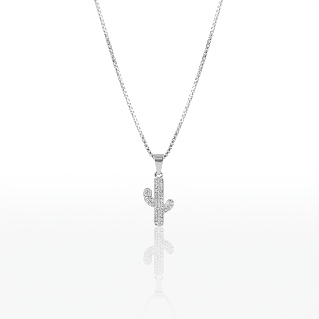 Collar Cactus con circones Plata 925: dije de cactus cubierto de circones, otro ángulo