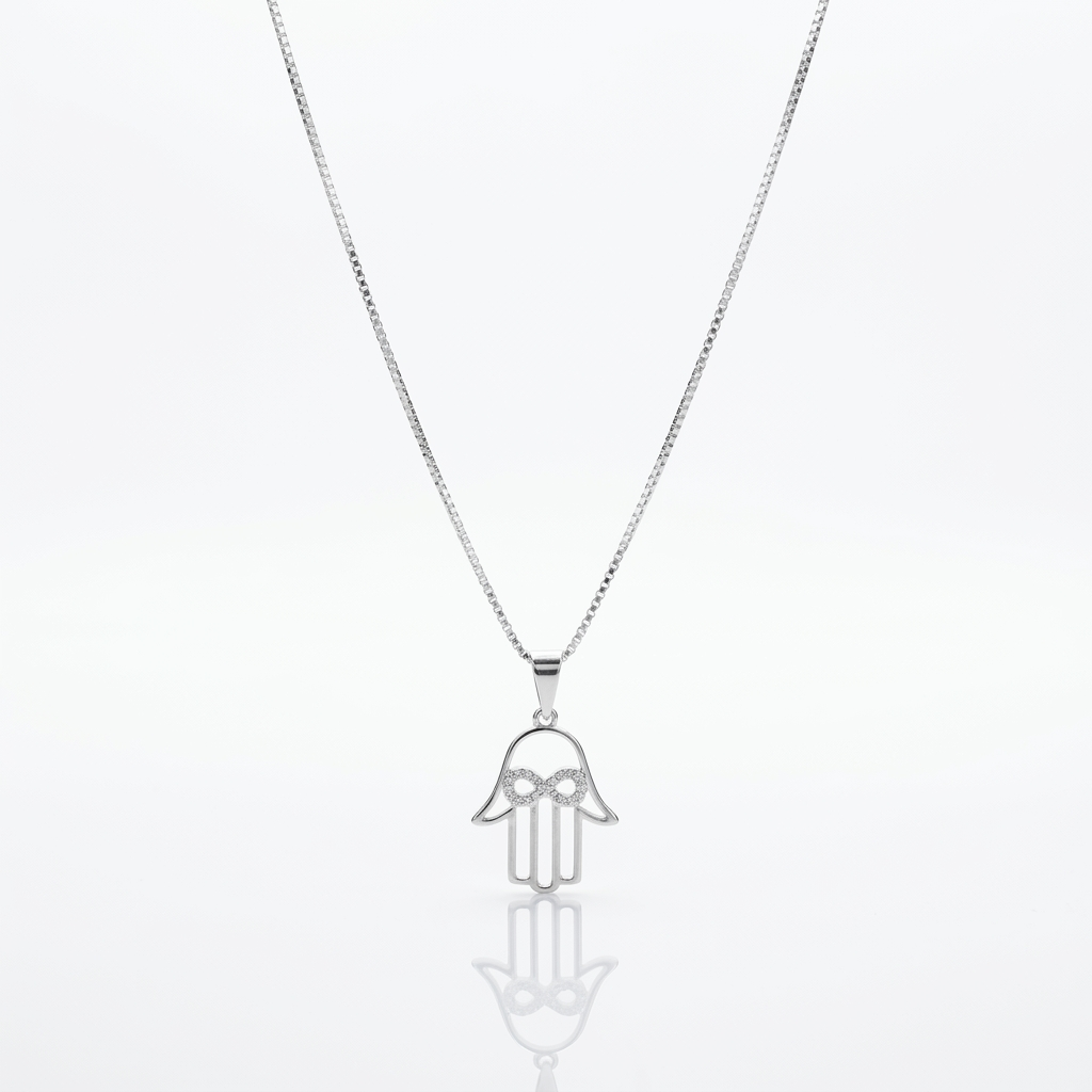 Collar Hamsa Infinito Plata 925: mano de Fátima calada con símbolo infinito