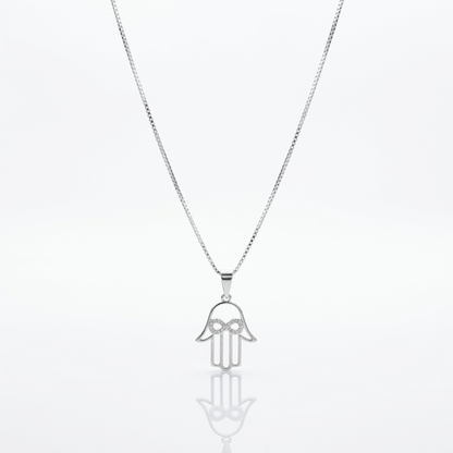 Collar Hamsa Infinito Plata 925: mano de Fátima calada con símbolo infinito