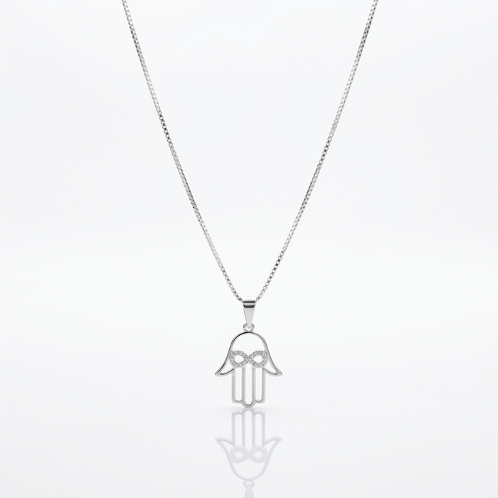 Collar Hamsa Infinito Plata 925: mano de Fátima calada con símbolo infinito